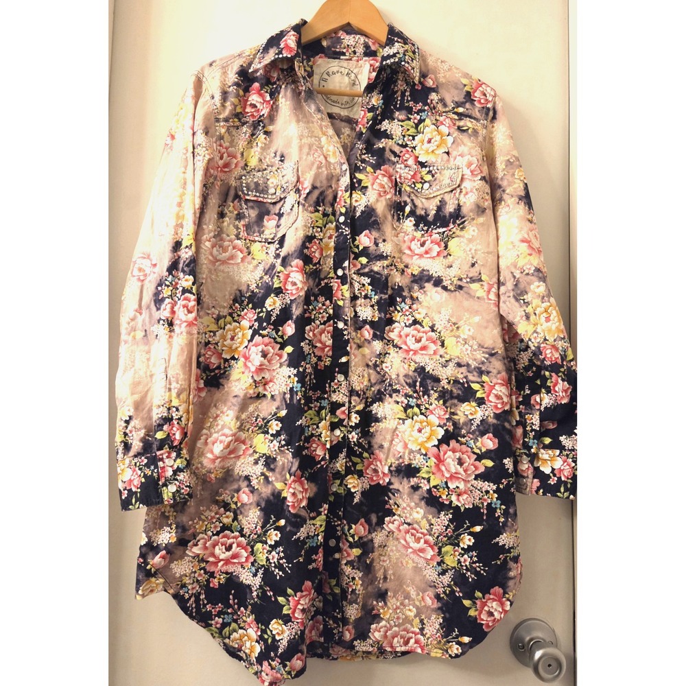 A Rare Bird Dress S Floral Rhinestones Pearl Snaps Black/Pink/Yellow Shirtdress